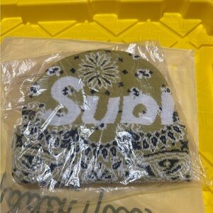 Supreme Olive and White Knit Logo Beanie